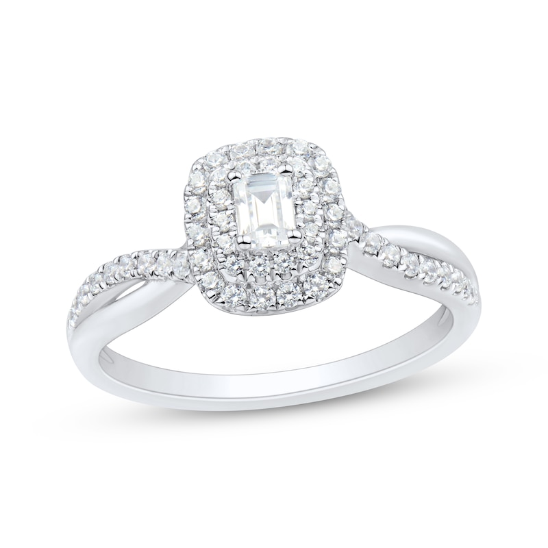 Main Image 1 of Emerald-Cut Diamond Double Halo Engagement Ring 1/2 ct tw 14K White Gold