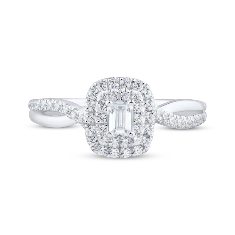 Main Image 3 of Emerald-Cut Diamond Double Halo Engagement Ring 1/2 ct tw 14K White Gold