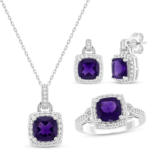 Cushion-Cut Amethyst & White Lab-Created Sapphire Doorknocker Gift Set Sterling Silver