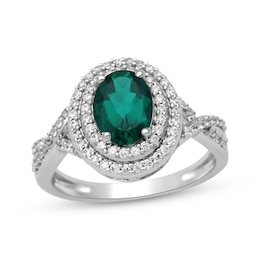 Oval-Cut Lab-Created Emerald & White Lab-Created Sapphire Ring Sterling Silver