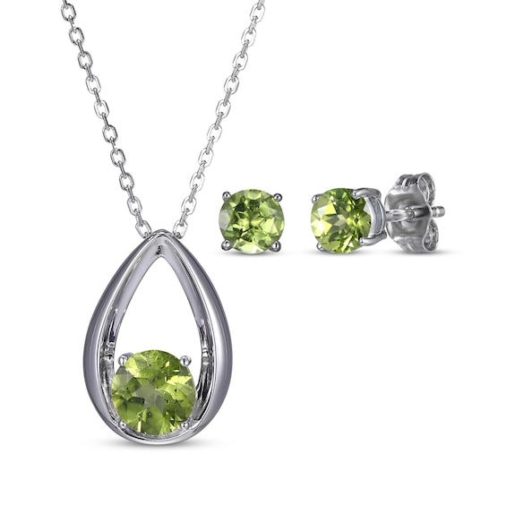 Round-Cut Peridot Necklace & Stud Earrings Gift Set Sterling Silver 18"