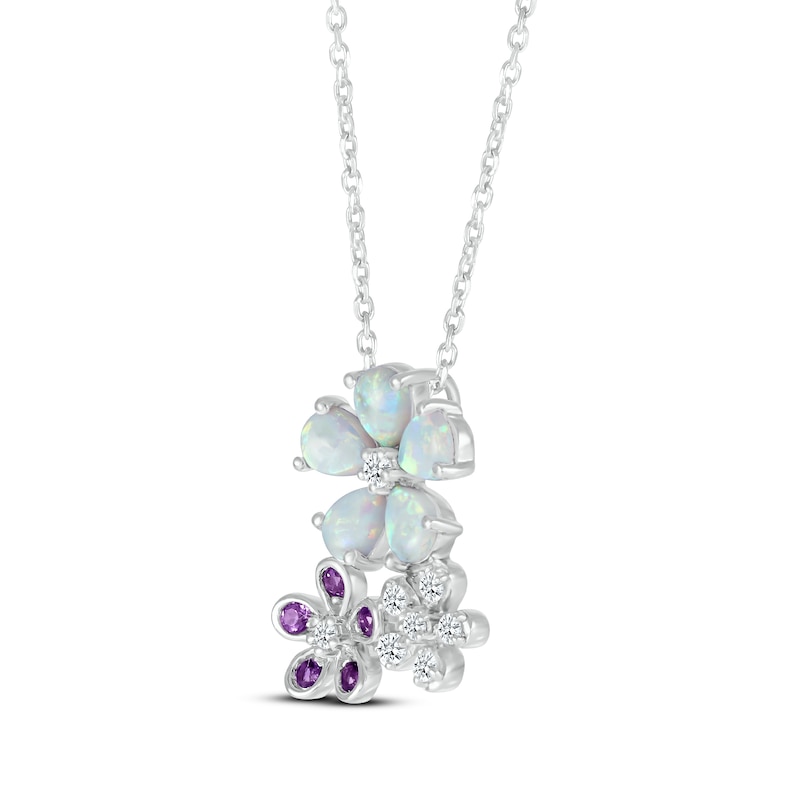 Main Image 2 of Pear-Shaped Lab-Created Opal, Amethyst & White Lab-Created Sapphire Flowers Necklace Sterling Silver 18”