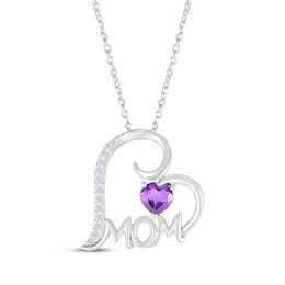 Heart-Shaped Amethyst & White Lab-Created Sapphire &quot;Mom&quot; Heart Necklace Sterling Silver 18”