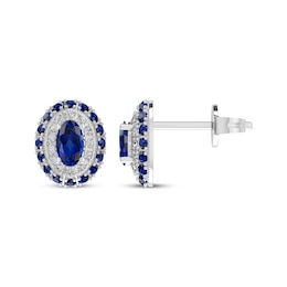 Oval-Cut Blue Lab-Created Sapphire & White Lab-Created Sapphire Double Halo Stud Earrings Sterling Silver