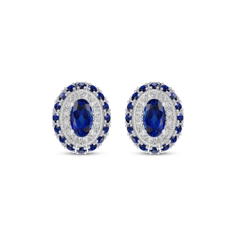 Oval-Cut Blue Lab-Created Sapphire & White Lab-Created Sapphire Double Halo Stud Earrings Sterling Silver