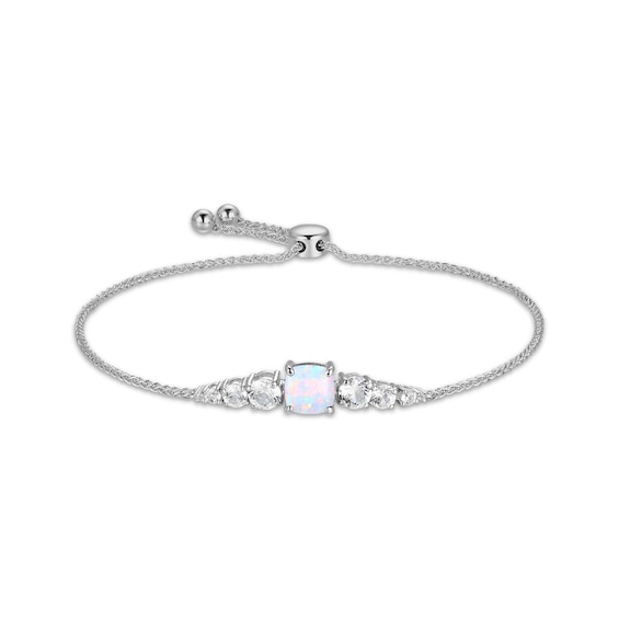 Cushion-Cut Lab-Created Opal & White Lab-Created Sapphire Bolo Bracelet Sterling Silver