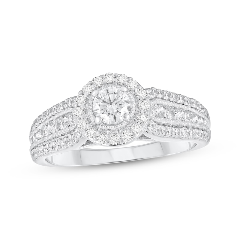 Main Image 1 of Round-Cut Diamond Halo Engagement Ring 1 ct tw 10K White Gold