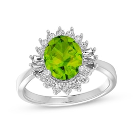 Oval-Cut Peridot & White Lab-Created Sapphire Starburst Ring Sterling Silver