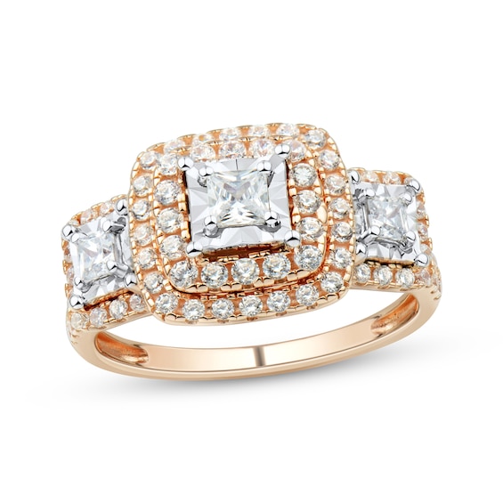 Adore Princess-Cut Diamond Three-Stone Cushion Halo Ring 1 ct tw 10K Rose Gold