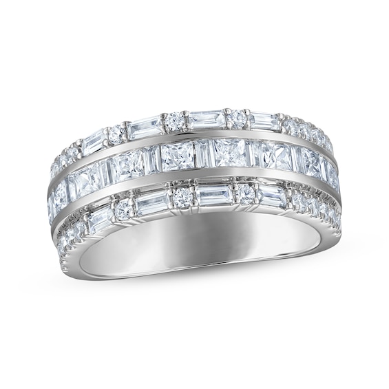 Baguette, Princess & Round-Cut Diamond Three-Row Anniversary Ring 1-1/3 ct tw 14K White Gold