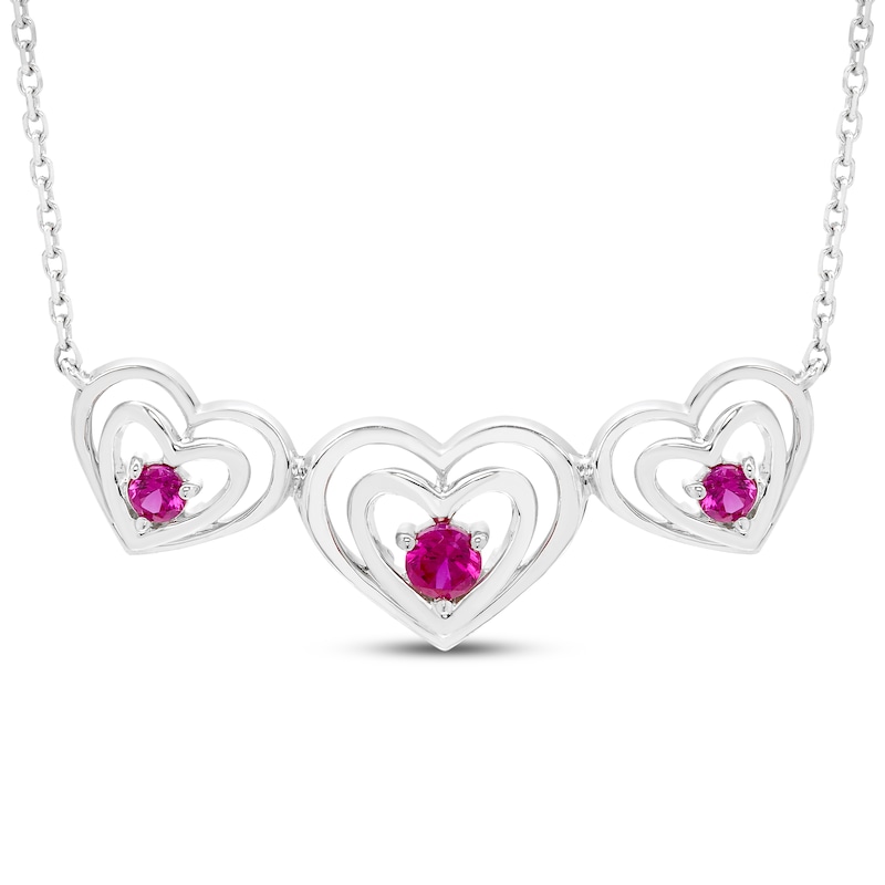 Believe in Love Lab-Created Ruby Heart Trio Smile Necklace Sterling Silver 18"