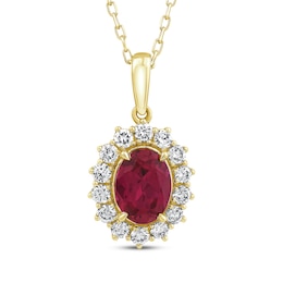 Lab-Grown Diamonds by KAY Oval-Cut Lab-Created Ruby Starburst Frame Necklace 1/2 ct tw 14K Yellow Gold 18&quot;