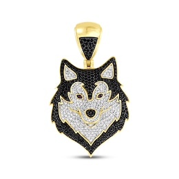 Black & White Diamond, Lab-Grown Ruby Wolf Head Charm 1-1/2 ct tw 10K Yellow Gold