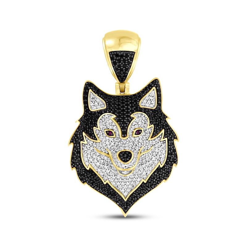 Main Image 1 of Black & White Diamond, Lab-Grown Ruby Wolf Head Charm 1-1/2 ct tw 10K Yellow Gold