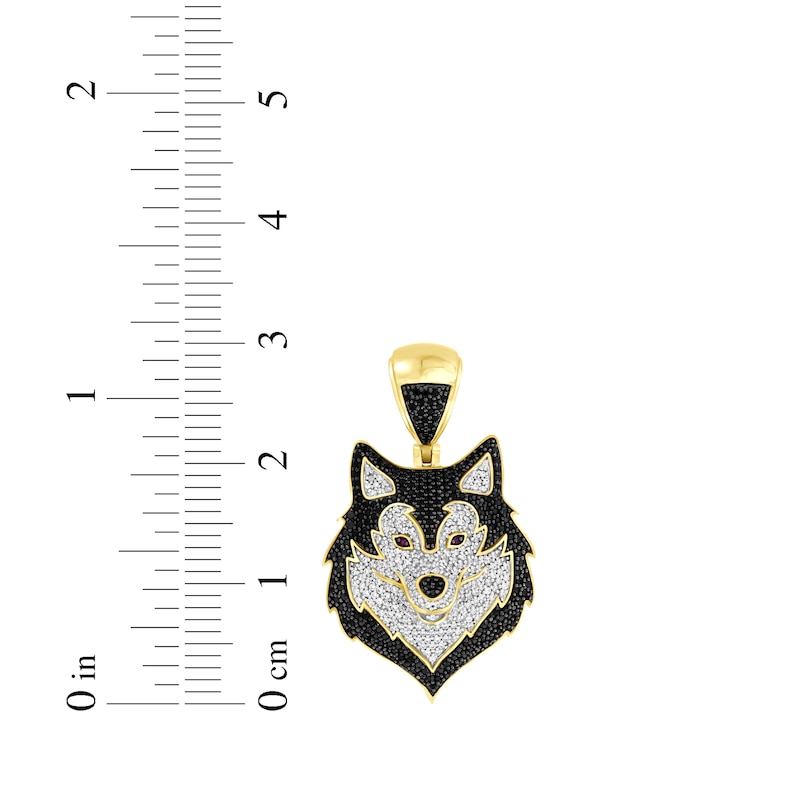 Main Image 3 of Black & White Diamond, Lab-Grown Ruby Wolf Head Charm 1-1/2 ct tw 10K Yellow Gold