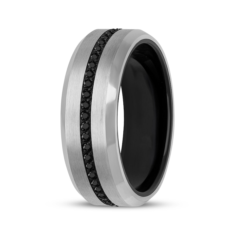 Main Image 2 of Men's Black Sapphire Brushed Wedding Band Tungsten Carbide 8mm