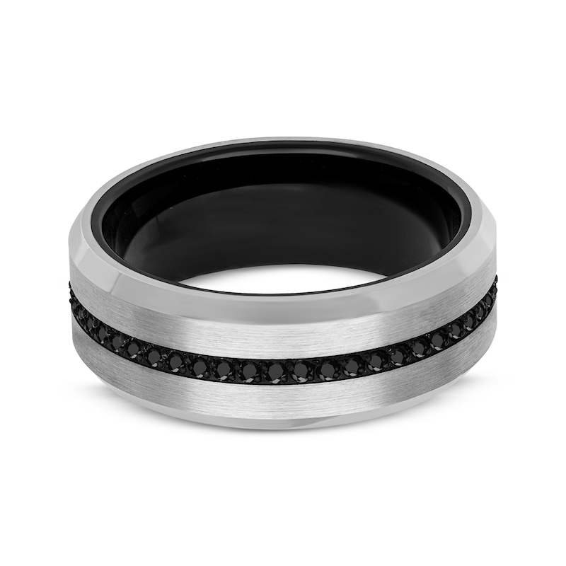 Main Image 3 of Men's Black Sapphire Brushed Wedding Band Tungsten Carbide 8mm