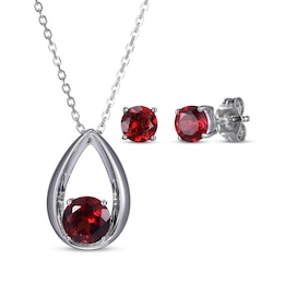 Round-Cut Garnet Necklace & Stud Earrings Gift Set Sterling Silver 18&quot;
