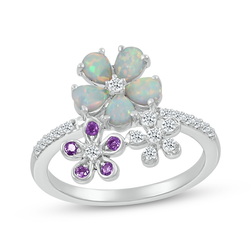 Main Image 1 of Pear-Shaped Lab-Created Opal, Amethyst & White Lab-Created Sapphire Flowers Ring Sterling Silver