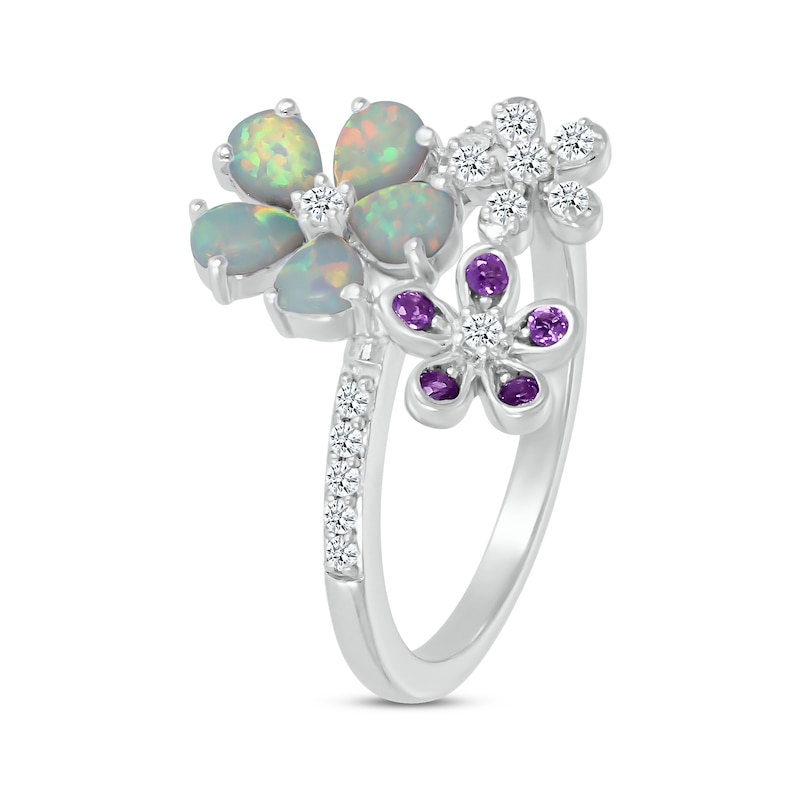 Main Image 2 of Pear-Shaped Lab-Created Opal, Amethyst & White Lab-Created Sapphire Flowers Ring Sterling Silver