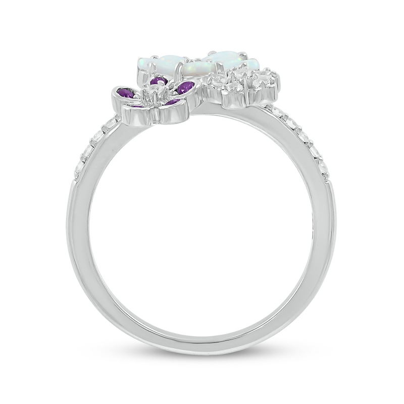 Main Image 3 of Pear-Shaped Lab-Created Opal, Amethyst & White Lab-Created Sapphire Flowers Ring Sterling Silver