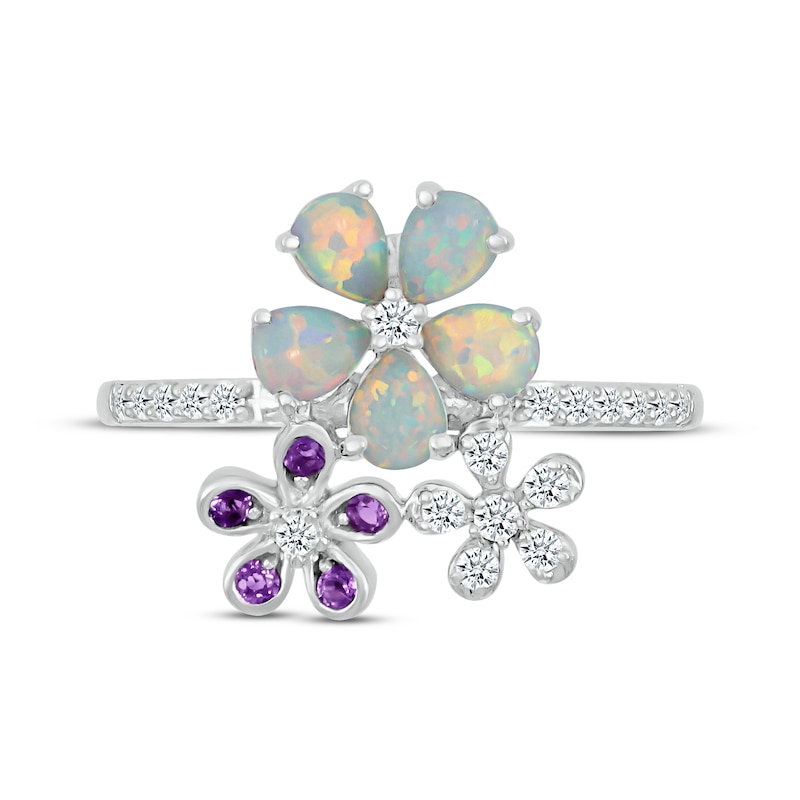 Main Image 4 of Pear-Shaped Lab-Created Opal, Amethyst & White Lab-Created Sapphire Flowers Ring Sterling Silver