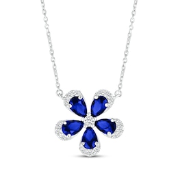 Pear-Shaped Blue Lab-Created Sapphire & White Lab-Created Sapphire Flower Necklace Sterling Silver 18”