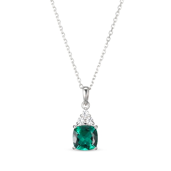 Cushion-Cut Lab-Created Emerald & White Lab-Created Sapphire Necklace Sterling Silver 18"
