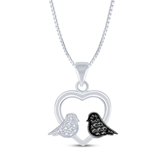 Black & White Diamond Accent Love Birds Heart Necklace Sterling Silver 18"