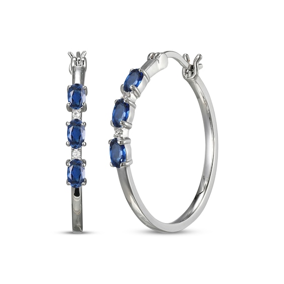 Oval-Cut Blue Lab-Created Sapphire & White Lab-Created Sapphire Hoop Earrings Sterling Silver