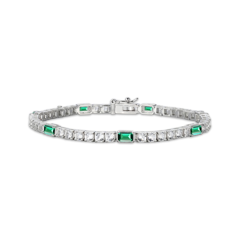 Main Image 1 of Emerald-Cut Lab-Created Emerald & White Lab-Created Sapphire Station Bracelet Sterling Silver 7.25&quot;