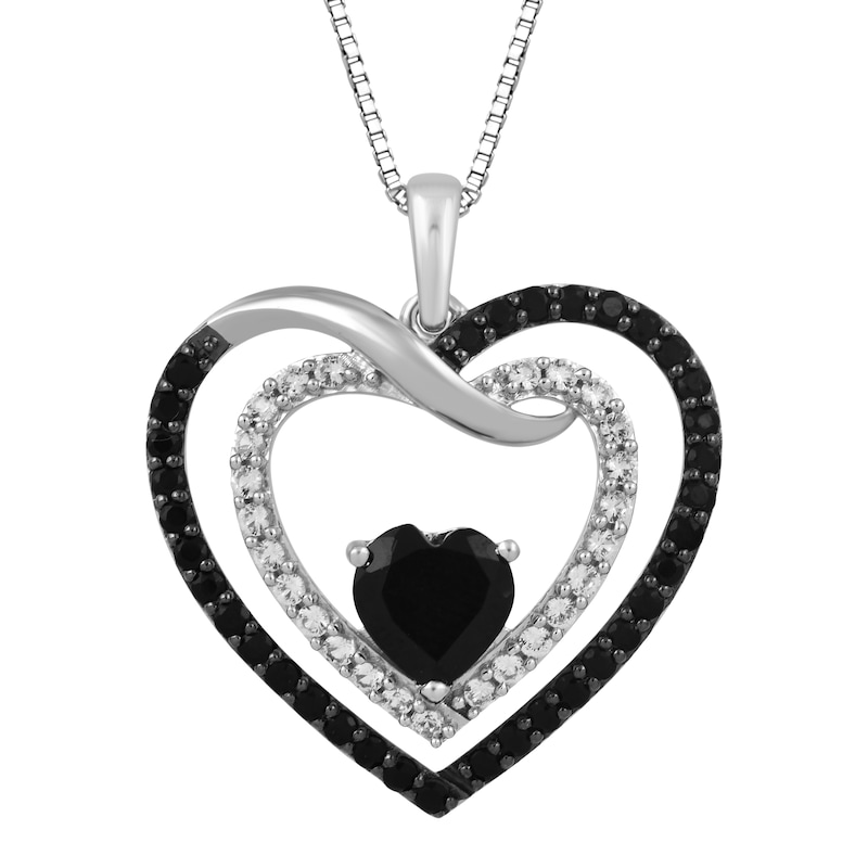 Main Image 1 of Heart-Shaped Black Onyx & White Lab-Created Sapphire Heart Necklace Sterling Silver 18&quot;