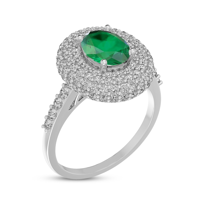 Oval-Cut Lab-Created Emerald & White Lab-Created Sapphire Triple Halo Ring Sterling Silver