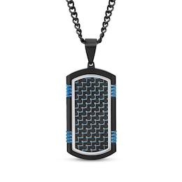 Men's Textured Dog Tag Necklace Ion-Plated Stainless Steel & Carbon Fiber 24&quot;