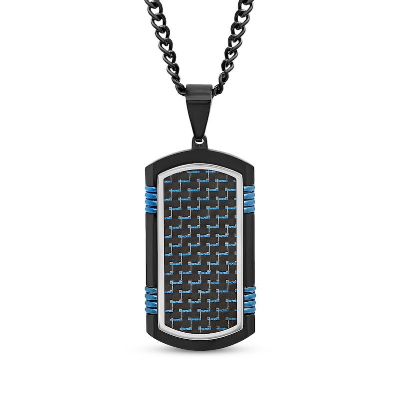 Men's Textured Dog Tag Necklace Ion-Plated Stainless Steel & Carbon Fiber 24"