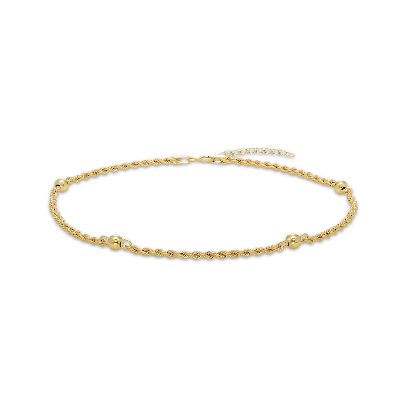 Main Image 1 of Semi-Solid Rope Chain Bead Station Anklet 4mm 10K Yellow Gold 9&quot;