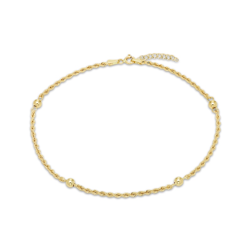 Main Image 2 of Semi-Solid Rope Chain Bead Station Anklet 4mm 10K Yellow Gold 9&quot;