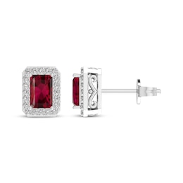 Octagon-Cut Lab-Created Ruby & White Lab-Created Sapphire Stud Earrings Sterling Silver