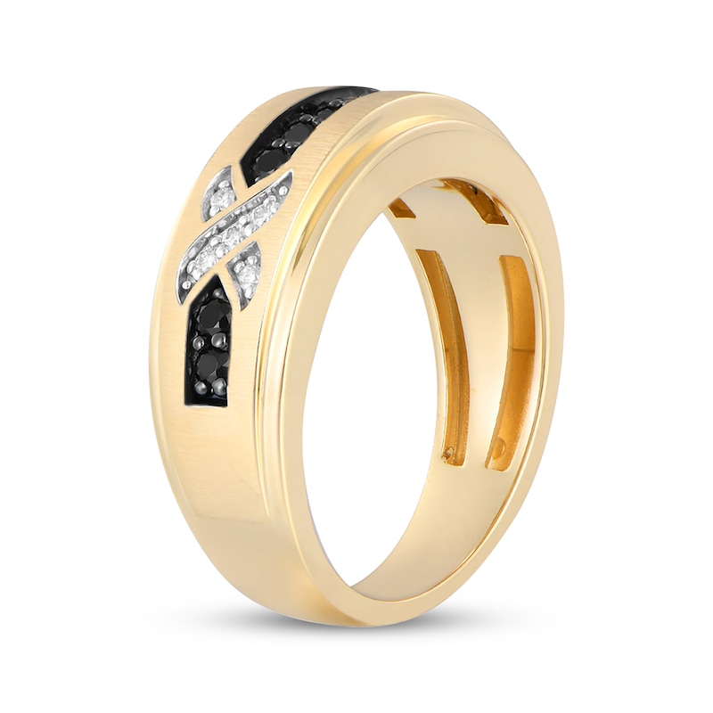 Main Image 2 of Men's Black & White Diamond &quot;X&quot; Wedding Band 1/3 ct tw 10K Yellow Gold