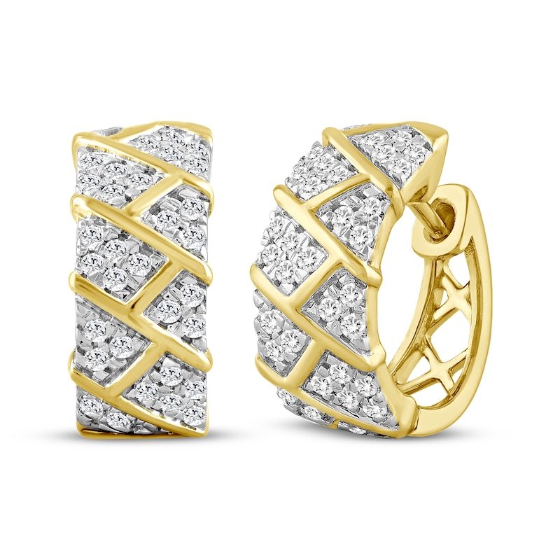 Main Image 1 of Men's Diamond Block Pattern Huggie Hoop Earrings 1/2 ct tw 10K Yellow Gold