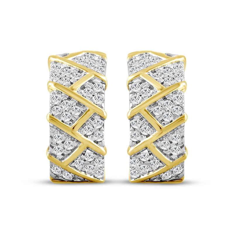 Main Image 2 of Men's Diamond Block Pattern Huggie Hoop Earrings 1/2 ct tw 10K Yellow Gold