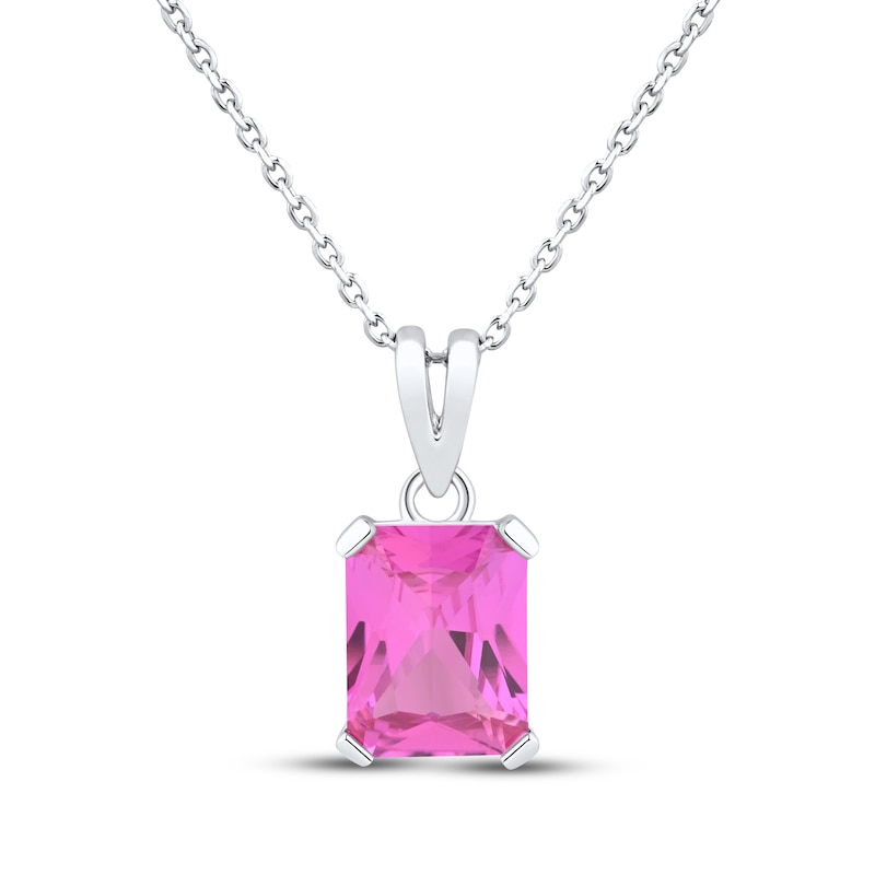 Main Image 1 of Emerald-Cut Pink Lab-Created Sapphire Solitaire Necklace Sterling Silver 18&quot;