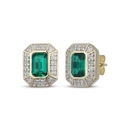 Men's Emerald-Cut Emerald & Diamond Frame Stud Earrings 1/5 ct tw 10K Yellow Gold