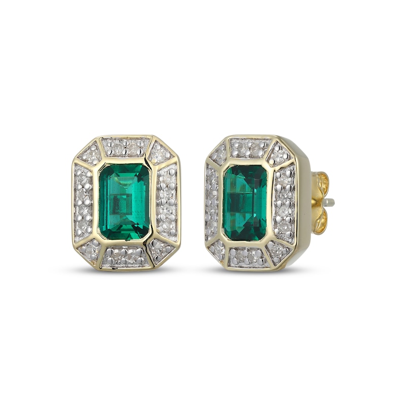 Main Image 1 of Men's Emerald-Cut Emerald & Diamond Frame Stud Earrings 1/5 ct tw 10K Yellow Gold