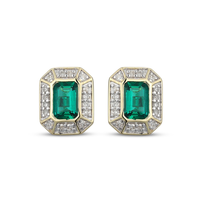 Main Image 2 of Men's Emerald-Cut Emerald & Diamond Frame Stud Earrings 1/5 ct tw 10K Yellow Gold