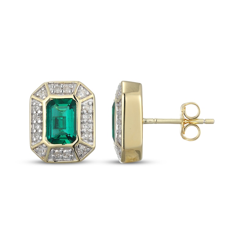 Main Image 3 of Men's Emerald-Cut Emerald & Diamond Frame Stud Earrings 1/5 ct tw 10K Yellow Gold