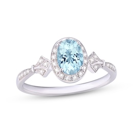 Oval-Cut Aquamarine & Diamond Halo Ring 1/8 ct tw Sterling Silver