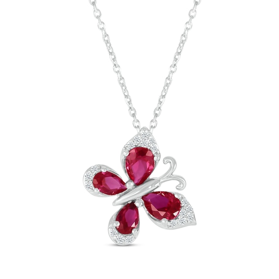 Pear-Shaped Lab-Created Ruby & White Lab-Created Sapphire Tilted Butterfly Necklace Sterling Silver 18”