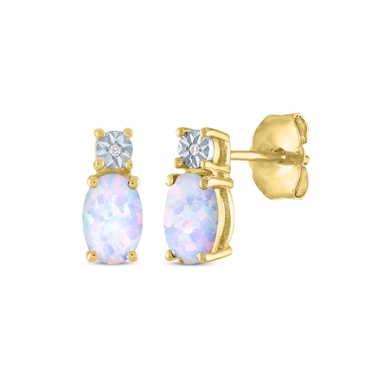 Oval-Cut Lab-Created Opal & Diamond Accent Earrings 10K Yellow Gold