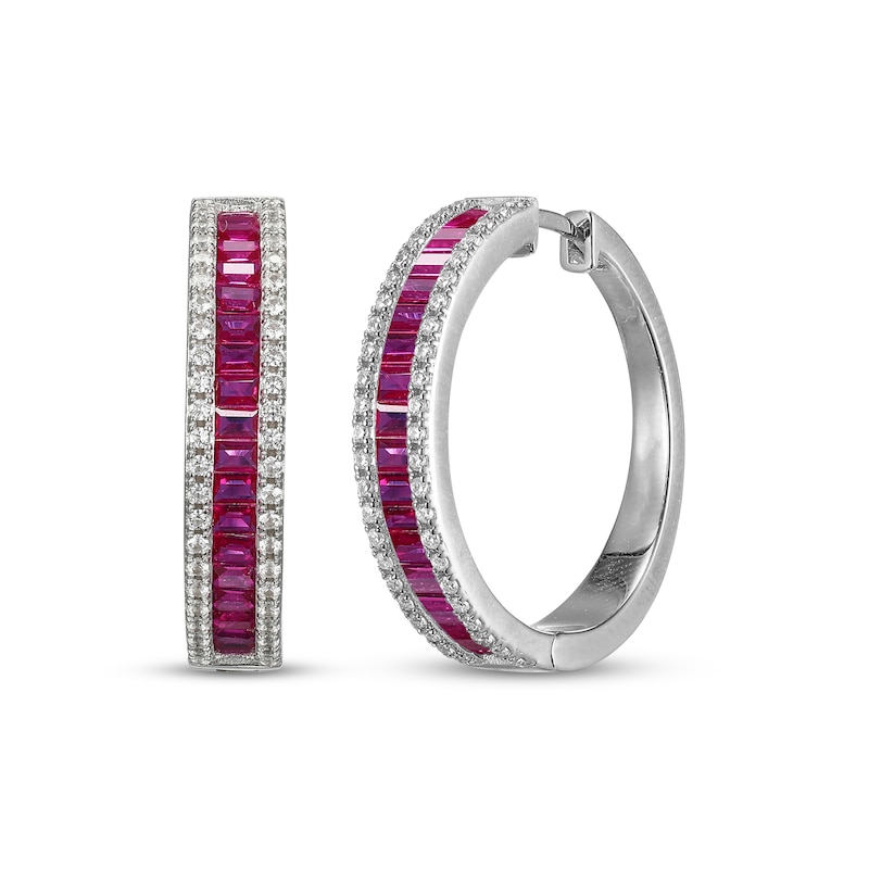 Main Image 1 of Baguette-Cut Lab-Created Ruby & White Lab-Created Sapphire Hoop Earrings Sterling Silver